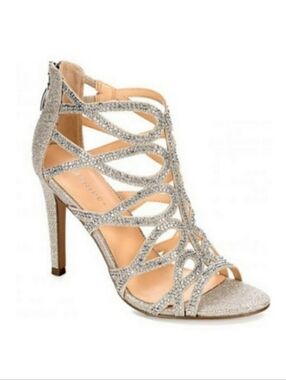 Maripe Silver Lilly Rhinestone Strapp Cage Heels